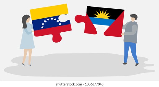 Couple holding two puzzles pieces with Venezuelan and Antiguan flags. Venezuela and Antigua and Barbuda national symbols together.