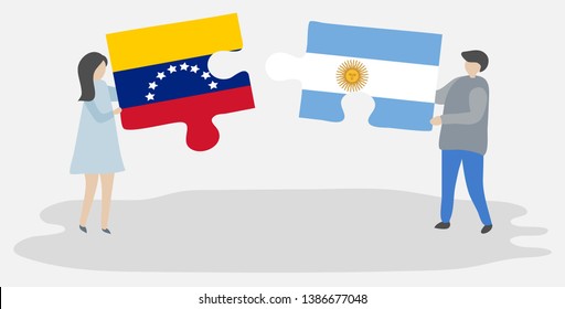 Couple holding two puzzles pieces with Venezuelan and Argentine flags. Venezuela and Argentina national symbols together.
