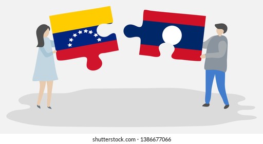 Couple holding two puzzles pieces with Venezuelan and Lao flags. Venezuela and Laos national symbols together.