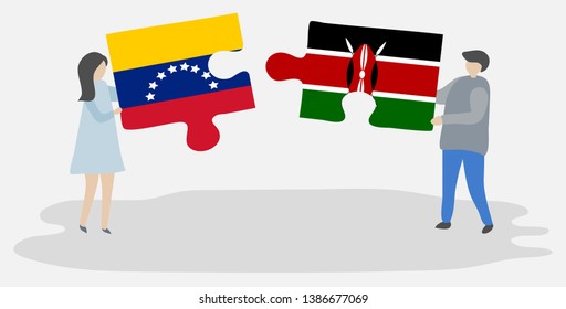 Couple holding two puzzles pieces with Venezuelan and Kenyan flags. Venezuela and Kenya national symbols together.