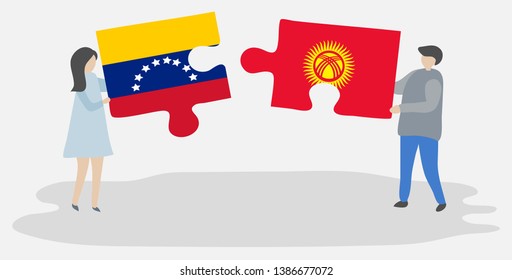 Couple holding two puzzles pieces with Venezuelan and Kirgiz flags. Venezuela and Kyrgyzstan national symbols together.