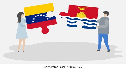 Couple holding two puzzles pieces with Venezuelan and I-Kiribati flags. Venezuela and Kiribati national symbols together.