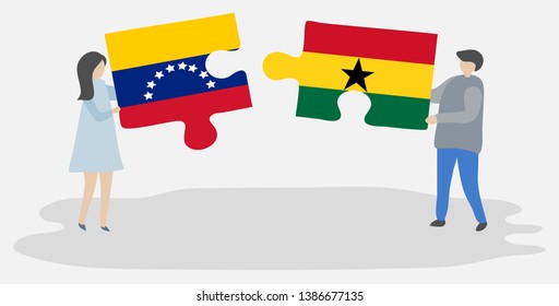 Couple holding two puzzles pieces with Venezuelan and Ghanaian flags. Venezuela and Ghana national symbols together.