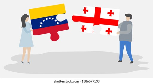 Couple holding two puzzles pieces with Venezuelan and Georgian flags. Venezuela and Georgia national symbols together.
