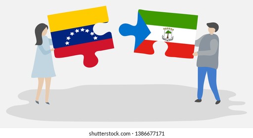 Couple holding two puzzles pieces with Venezuelan and Equatorial Guinean flags. Venezuela and Equatorial Guinea national symbols together.