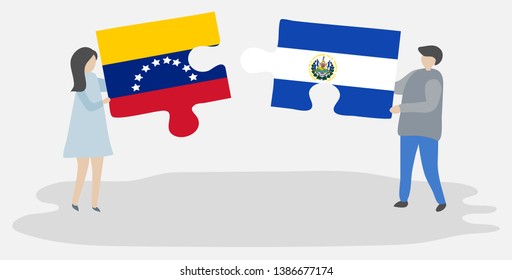 Couple holding two puzzles pieces with Venezuelan and Salvadoran flags. Venezuela and El Salvador national symbols together.