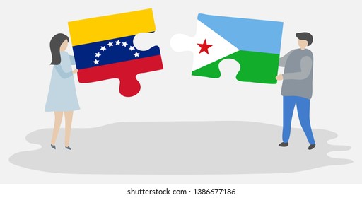 Couple holding two puzzles pieces with Venezuelan and Djiboutian flags. Venezuela and Djibouti national symbols together.