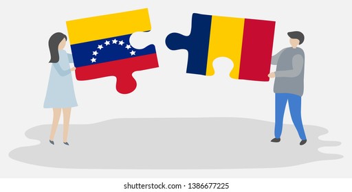 Couple holding two puzzles pieces with Venezuelan and Chadian flags. Venezuela and Chad national symbols together.