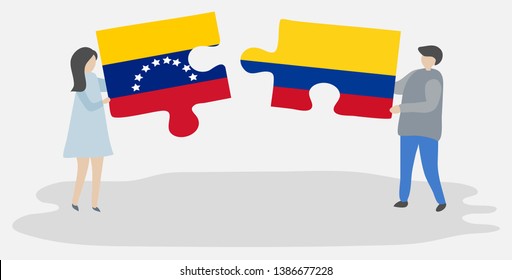 Couple holding two puzzles pieces with Venezuelan and Colombian flags. Venezuela and Colombia national symbols together.