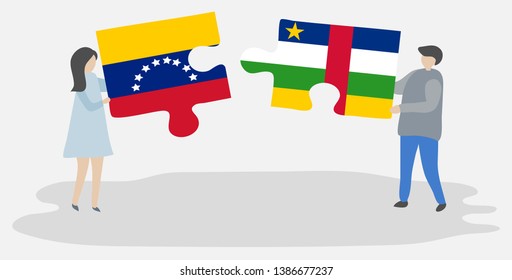 Couple holding two puzzles pieces with Venezuelan and Central African flags. Venezuela and Central African Republic national symbols together.
