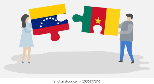 Couple holding two puzzles pieces with Venezuelan and Cameroonian flags. Venezuela and Cameroon national symbols together.