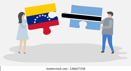 Couple holding two puzzles pieces with Venezuelan and Motswana flags. Venezuela and Botswana national symbols together.