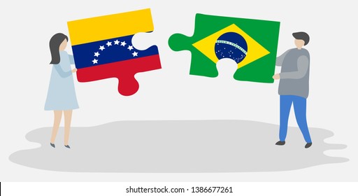 Couple holding two puzzles pieces with Venezuelan and Brazilian flags. Venezuela and Brazil national symbols together.