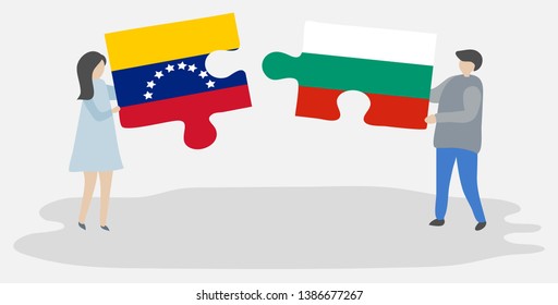 Couple holding two puzzles pieces with Venezuelan and Bulgarian flags. Venezuela and Bulgaria national symbols together.