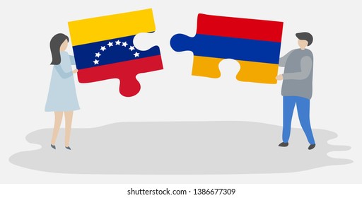 Couple holding two puzzles pieces with Venezuelan and Armenian flags. Venezuela and Armenia national symbols together.