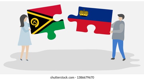 Couple holding two puzzles pieces with Vanuatuan and Liechtenstein flags. Vanuatu and Liechtenstein national symbols together.