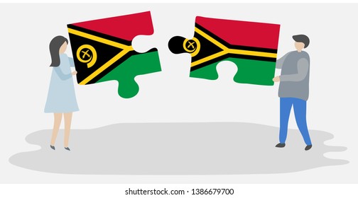 Couple holding two puzzles pieces with Vanuatuan and Vanuatuan flags. Vanuatu and Vanuatu national symbols together.