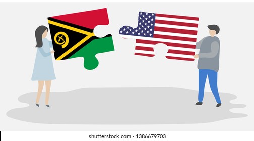 Couple holding two puzzles pieces with Vanuatuan and American flags. Vanuatu and United States of America national symbols together.