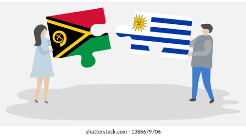 Couple holding two puzzles pieces with Vanuatuan and Uruguayan flags. Vanuatu and Uruguay national symbols together.