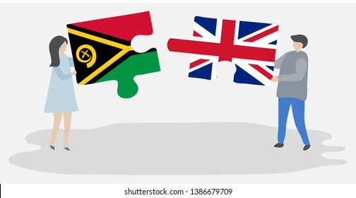 Couple holding two puzzles pieces with Vanuatuan and British flags. Vanuatu and United Kingdom national symbols together.