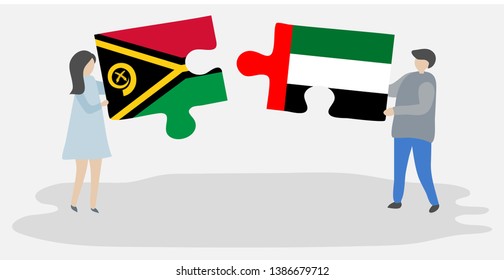 Couple holding two puzzles pieces with Vanuatuan and Emirian flags. Vanuatu and United Arab Emirates national symbols together.