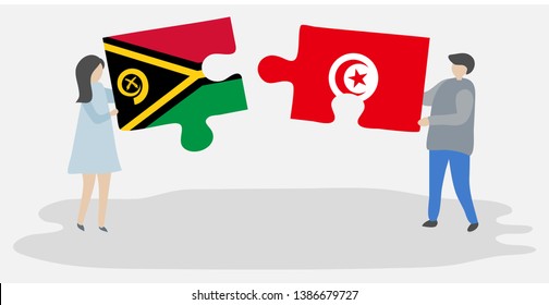 Couple holding two puzzles pieces with Vanuatuan and Tunisian flags. Vanuatu and Tunisia national symbols together.