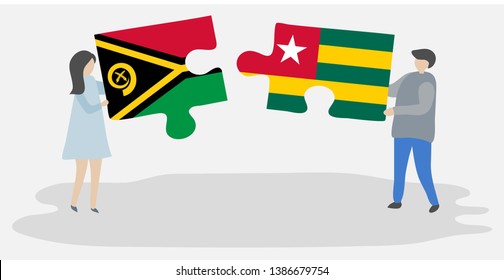 Couple holding two puzzles pieces with Vanuatuan and Togolese flags. Vanuatu and Togo national symbols together.