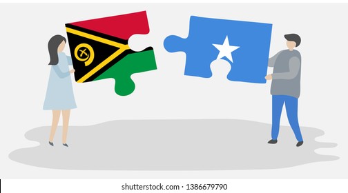 Couple holding two puzzles pieces with Vanuatuan and Somali flags. Vanuatu and Somalia national symbols together.