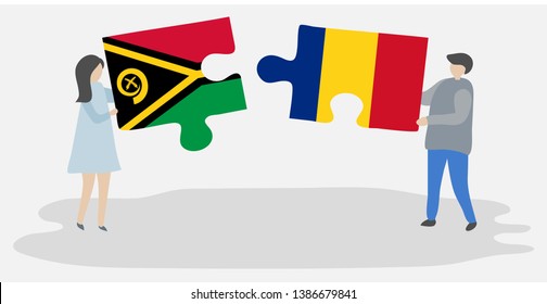 Couple holding two puzzles pieces with Vanuatuan and Romanian flags. Vanuatu and Romania national symbols together.