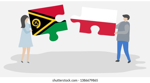 Couple holding two puzzles pieces with Vanuatuan and Polish flags. Vanuatu and Poland national symbols together.
