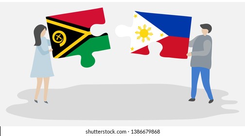 Couple holding two puzzles pieces with Vanuatuan and Filipino flags. Vanuatu and Philippines national symbols together.