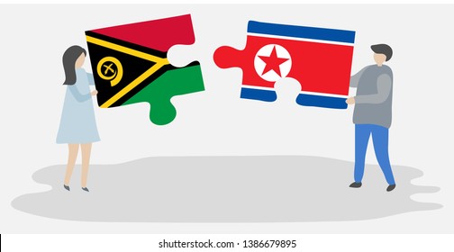Couple holding two puzzles pieces with Vanuatuan and North Korean flags. Vanuatu and North Korea national symbols together.