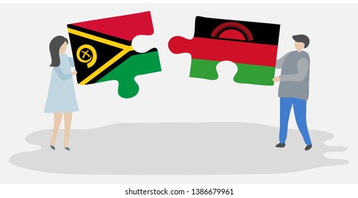 Couple holding two puzzles pieces with Vanuatuan and Malawian flags. Vanuatu and Malawi national symbols together.