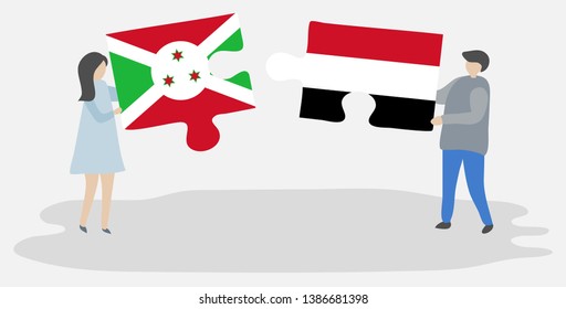 Couple holding two puzzles pieces with Burundian and Yemeni flags. Burundi and Yemen national symbols together.