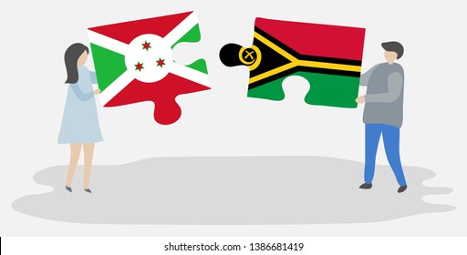 Couple holding two puzzles pieces with Burundian and Vanuatuan flags. Burundi and Vanuatu national symbols together.