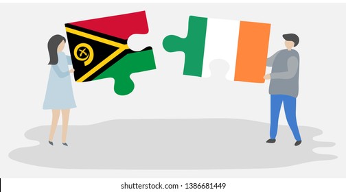 Couple holding two puzzles pieces with Vanuatuan and Irish flags. Vanuatu and Ireland national symbols together.