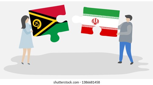 Couple holding two puzzles pieces with Vanuatuan and Iranian flags. Vanuatu and Iran national symbols together.