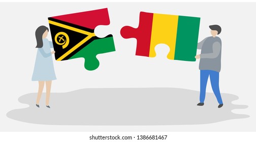 Couple holding two puzzles pieces with Vanuatuan and Guinean flags. Vanuatu and Guinea national symbols together.
