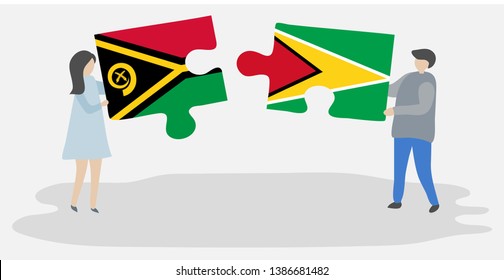 Couple holding two puzzles pieces with Vanuatuan and Guyanese flags. Vanuatu and Guyana national symbols together.