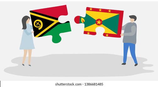 Couple holding two puzzles pieces with Vanuatuan and Grenadian flags. Vanuatu and Grenada national symbols together.