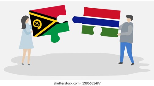 Couple holding two puzzles pieces with Vanuatuan and Gambian flags. Vanuatu and Gambia national symbols together.