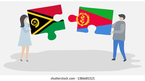 Couple holding two puzzles pieces with Vanuatuan and Eritrean flags. Vanuatu and Eritrea national symbols together.