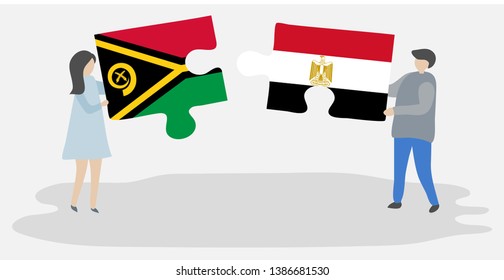 Couple holding two puzzles pieces with Vanuatuan and Egyptian flags. Vanuatu and Egypt national symbols together.