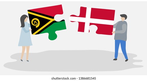 Couple holding two puzzles pieces with Vanuatuan and Danish flags. Vanuatu and Denmark national symbols together.