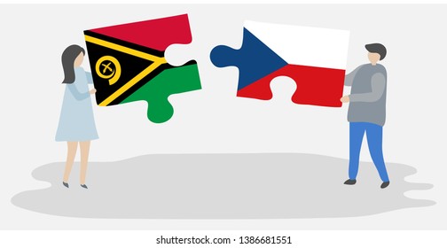 Couple holding two puzzles pieces with Vanuatuan and Czech flags. Vanuatu and Czech Republic national symbols together.