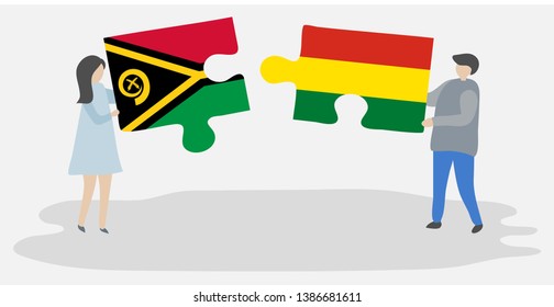 Couple holding two puzzles pieces with Vanuatuan and Bolivian flags. Vanuatu and Bolivia national symbols together.
