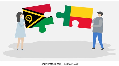 Couple holding two puzzles pieces with Vanuatuan and Beninese flags. Vanuatu and Benin national symbols together.