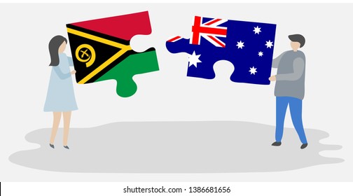 Couple holding two puzzles pieces with Vanuatuan and Australian flags. Vanuatu and Australia national symbols together.