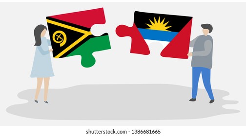 Couple holding two puzzles pieces with Vanuatuan and Antiguan flags. Vanuatu and Antigua and Barbuda national symbols together.