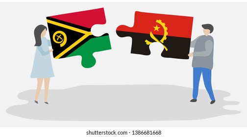 Couple holding two puzzles pieces with Vanuatuan and Angolan flags. Vanuatu and Angola national symbols together.